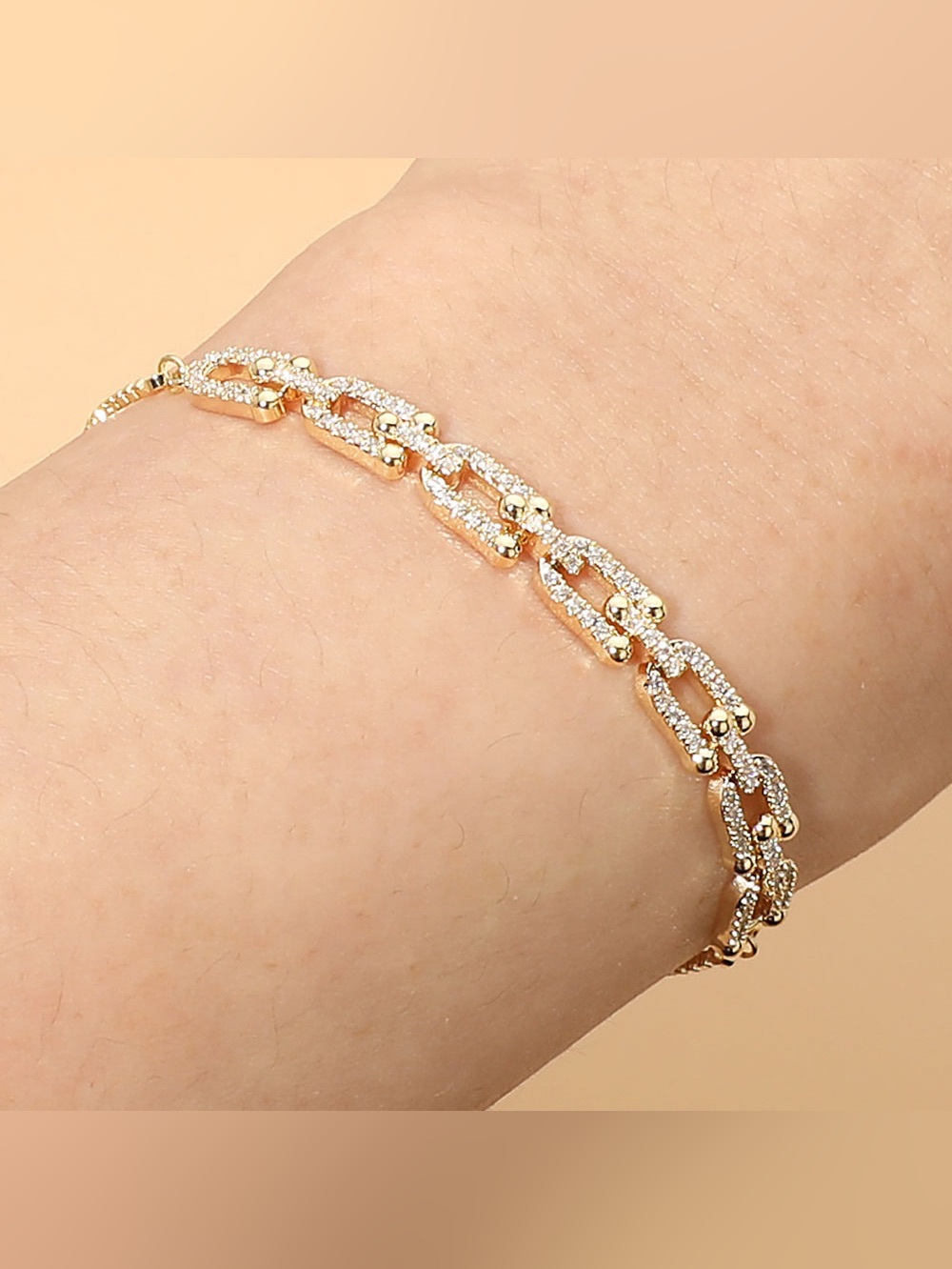 18K Gold Dipped Stone Pave Link Adjustable Cinch Pull Tie Bracelet